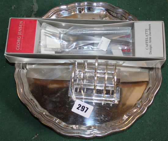 Plated salver, plated toast rack, 2 plated condiment  spoons and George Jenson stainless steel Caftelatte cutlery